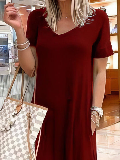 Elegant V-Neck Short Sleeve Dress with Stylish Pocket