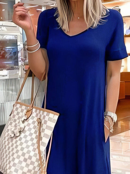 Elegant V-Neck Short Sleeve Dress with Stylish Pocket