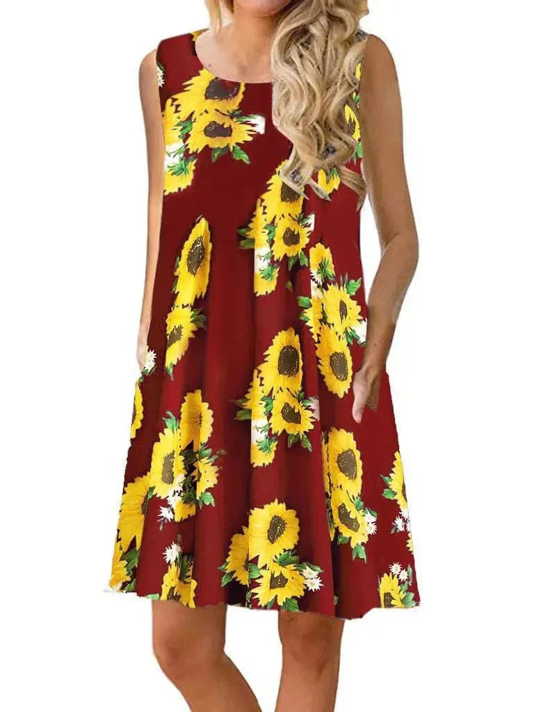 New  Women Summer Dress Fashion Floral Print Sleeveless Dresses Casual Dresses Female Robe 50 Colors Vestidos Midi Sundress