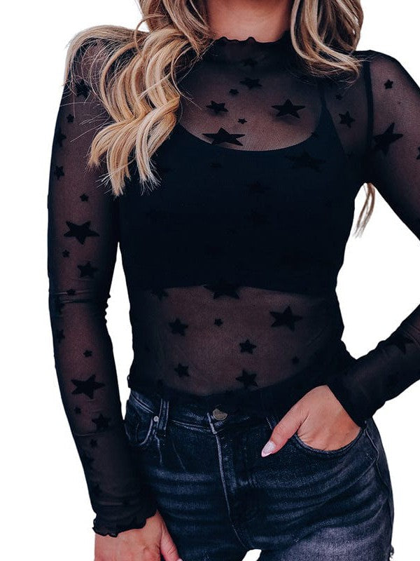 Sexy Mesh Star Patterned Pullover for Women - Sheer and Close-Fitting Top