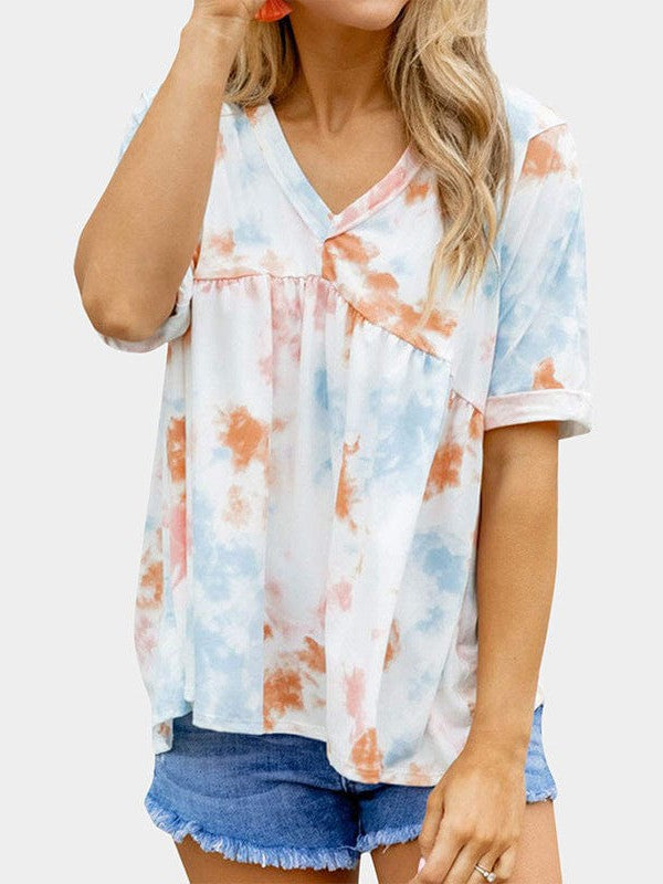 Women's Knotted Loose V-Neck Tie-Dye Pullover T-shirt with Hollow Back