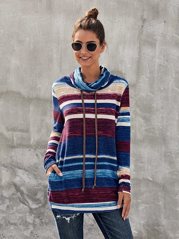 Multicolored Striped Pullover Sweatshirt with Long Sleeves and Pocket