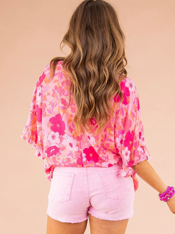 Printed Ruffled Chiffon Pullover with V-Neck and A-Line Silhouette