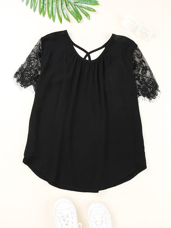 Ladies' Casual Lace Hollow Short-sleeve Top in Solid Color Quarter Loose Fit