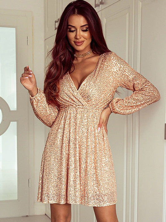 Seductive V-Neck Sequin Dress with Long Sleeves