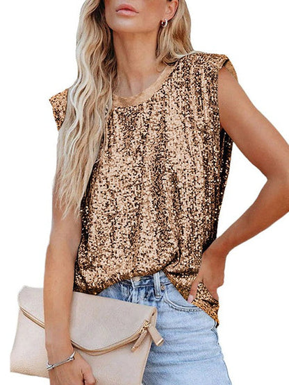 Sequin Embellished Sleeveless Blouse Women's Relaxed Fit Shoulder-Padded Tank Top