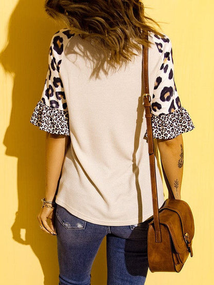 Leopard Print Quarter-Sleeve V-Neck Pullover with Solid Color Stitching Top