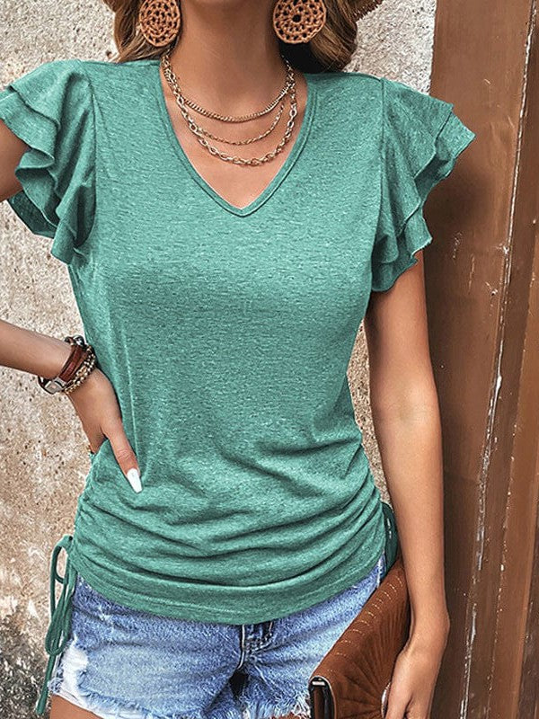 Chic Green and Gray Ruffle Sleeve V-Neck Women's Pullover Top