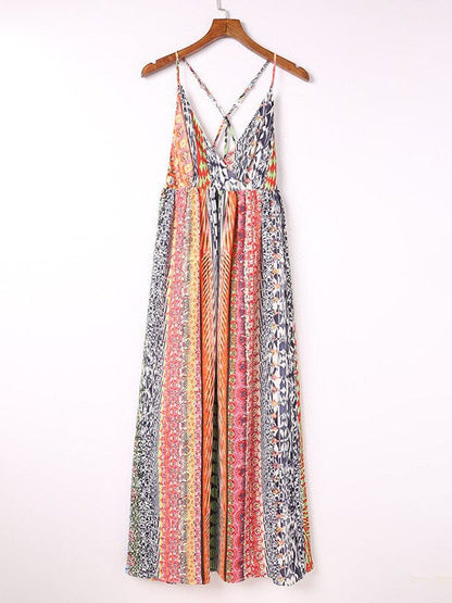 V-neck High-Waist Backless Print Dress with Cross Suspender