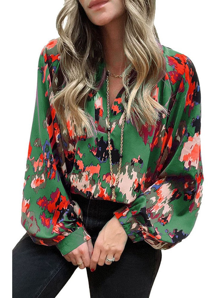 Light and Airy Colorful V-Neck Chiffon Blouse with Lantern Sleeves