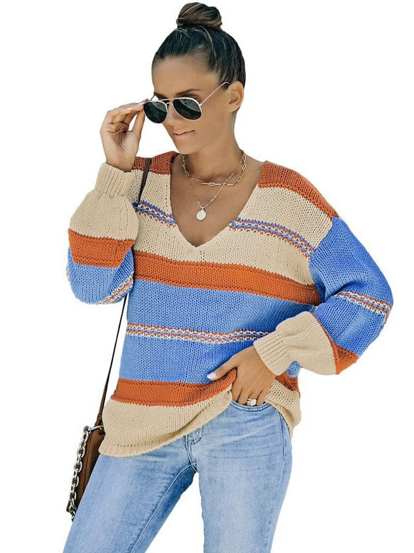 Striped Pullover Women's Sweater with Long Sleeves for Casual Wear