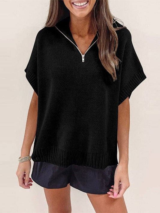 Casual Style Bat-Shaped Zipper Woolen T-Shirt for Women