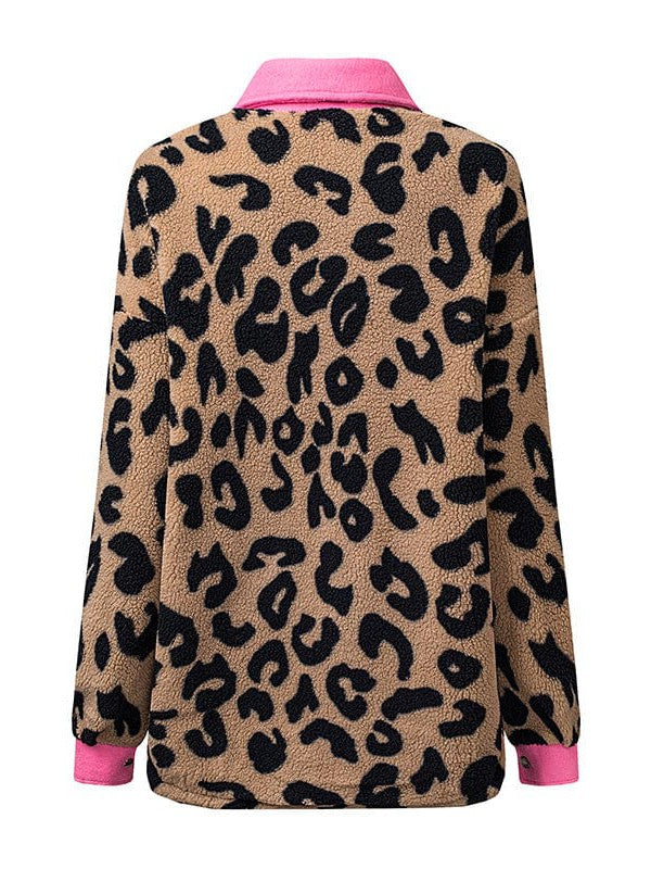 Leopard Print Polar Fleece Cardigan Jacket for Women