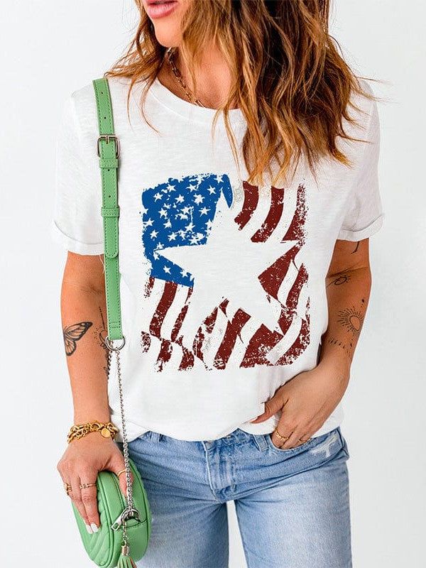 American Independence Day Women's T-Shirt with Star Print and Loose Fit Contrasting Round Neck Pullover