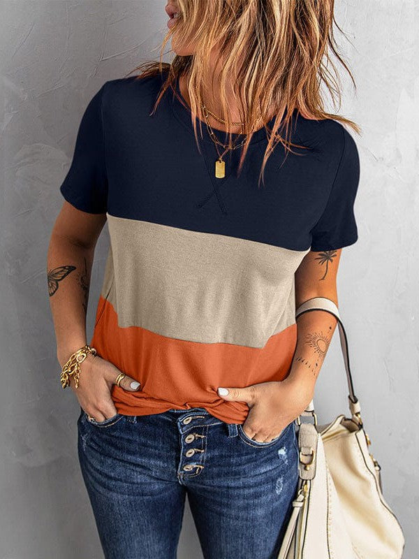 Striped Loose Fit Short-Sleeved Round Neck Women's T-Shirt with Vibrant Color Options