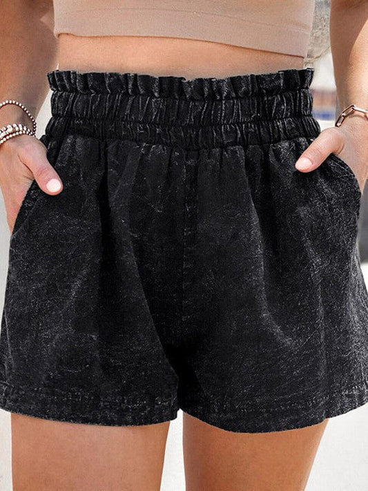 Simple High Waist Denim Women's Shorts in Solid Black Color