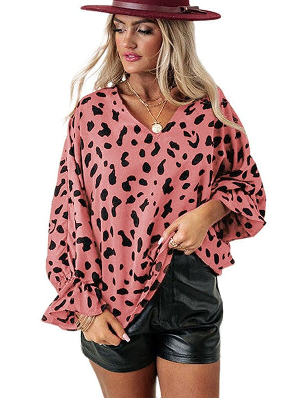 Leopard Print Chiffon Top with V-Neck and Ruffle Cuffs for Women