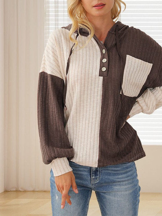 Versatile Contrast Color Hooded Pullover Sweatshirt - Women's Fashion Casual Top