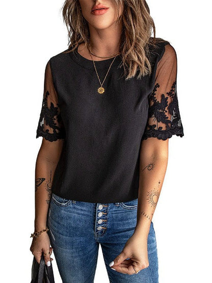 Women's Round Neck See-Through Lace Chiffon Top with Short Sleeves and Splicing