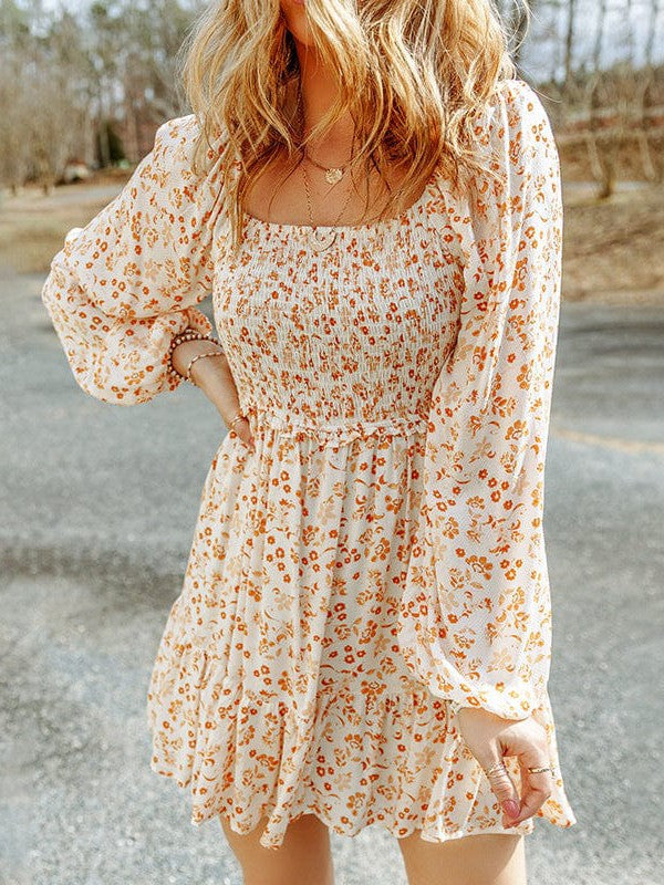 Floral Print Square Neck Dress with Puff Sleeves and Short Skirt