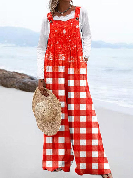 Fashionable Plaid Loose Wide-leg Overalls in Simple Style for Women