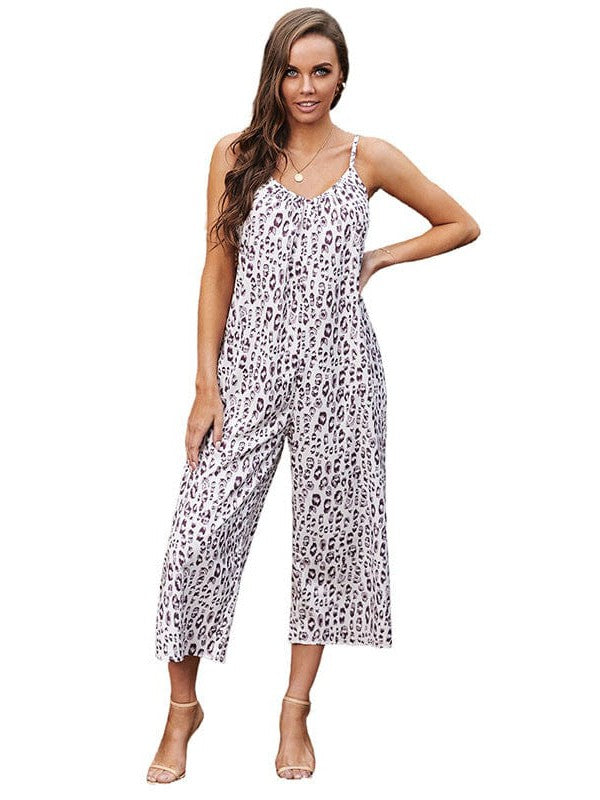Leopard Print Chiffon Jumpsuit with V-Neck and High Waist
