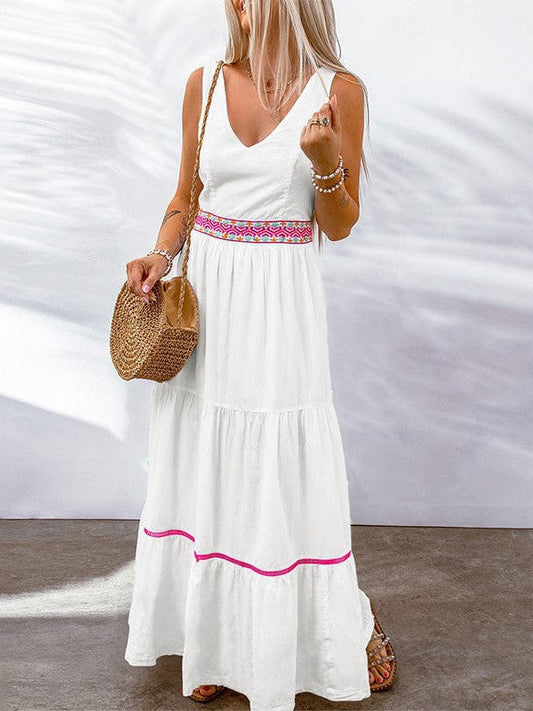 Elegant White Cotton Dress with Plunging V-Neck, Embroidered Waist, and Floor-Length Skirt with Tie-Back