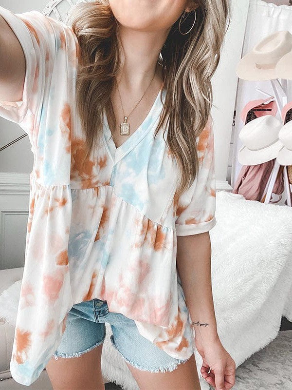 Women's Knotted Loose V-Neck Tie-Dye Pullover T-shirt with Hollow Back