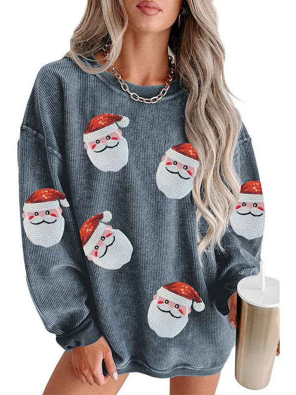 Santa Claus Patch Print Women's Christmas Sweatshirt with Round Neck and Long Sleeves