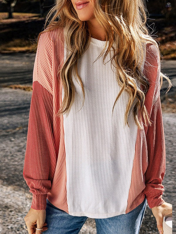 Stylish Women's Loose Fit Long Sleeve Pullover Top with Color Block Design for Street Fashion