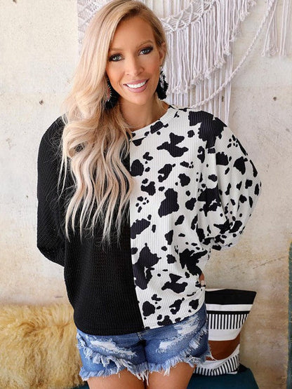 Women's Loose Waffle Knit Cow Print Top with Long Sleeves