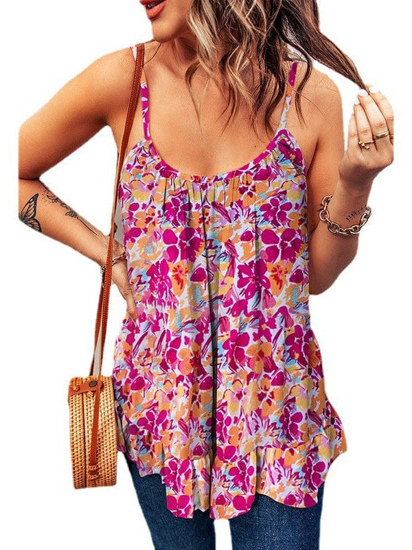 Slimming Red Floral Top with Low V-Neck for Women - Resort Style Spaghetti Strap Vest
