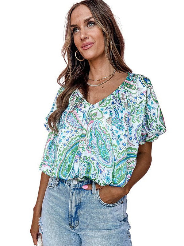 Bohemian Paisley Printed V-Neck T-shirt with Puff Sleeves for Women