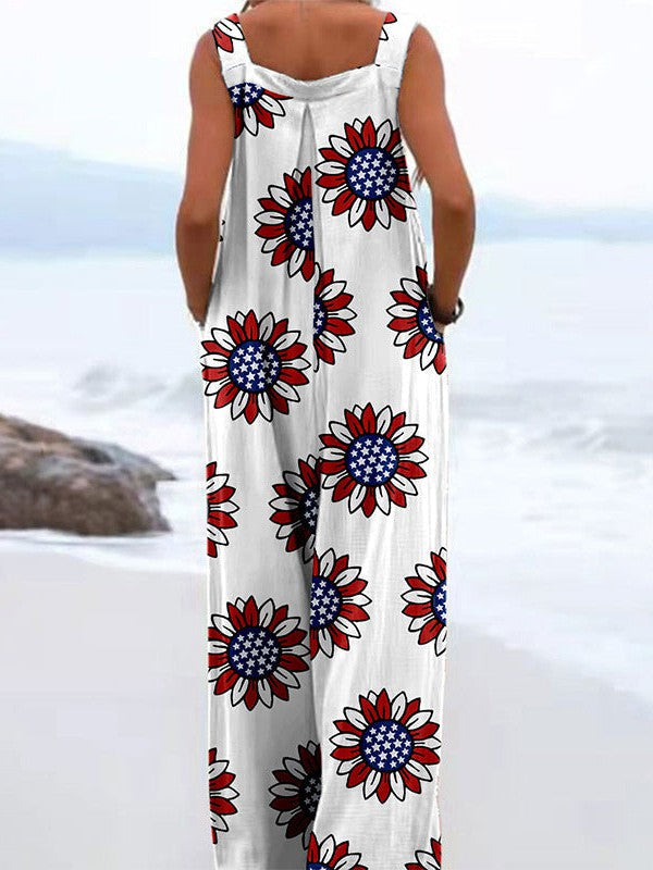 Bohemian Sunflower Sleeveless Jumpsuit with American Flag Print