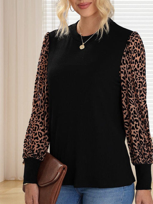 Women's Loose Fit Leopard Print Knit Pullover with Round Neck and Casual Style Top
