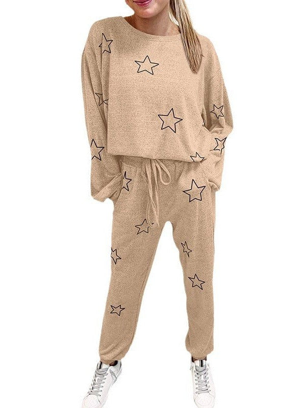 Women's Stylish Star Print Two-Piece Casual Set with Long Sleeves