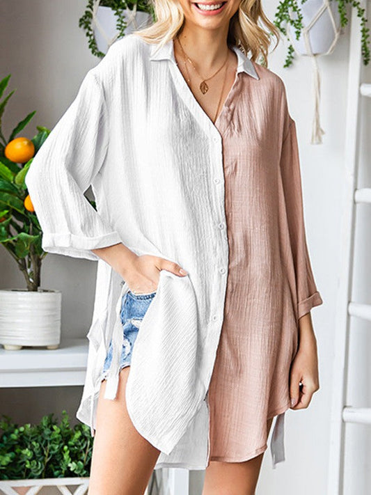 Mid-Length Sun Protection Cardigan with Low V-Neck and Long Sleeves in Contrast Colors for Women