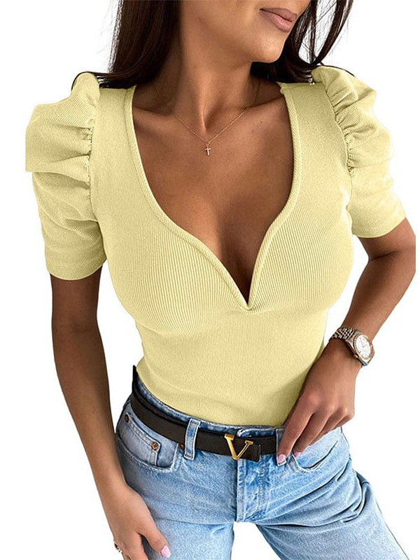 Stylish Women's V-Neck Puff Sleeve Slim Fit T-Shirt with Short Sleeves