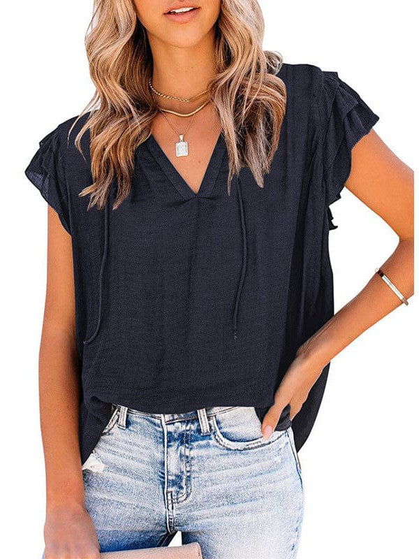 V-Neck Puff Sleeve Cotton Blend Top with Short Sleeves