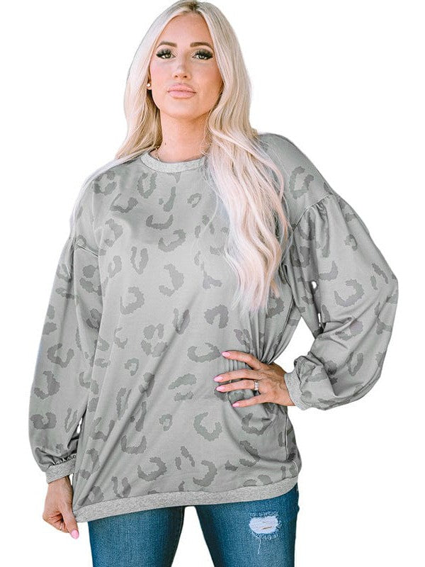 Leopard Print Loose Neck Sweatshirt for Women - Casual Long Sleeve Top