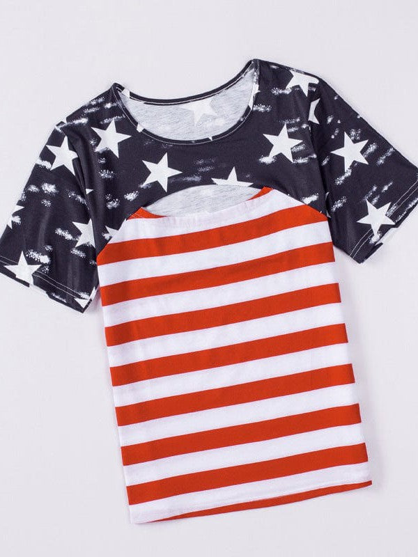 Star Print Hollow Striped T-Shirt with Round Neck for Women, Stylish and Versatile Contrast Top