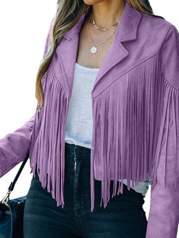 Women's Loose Suede Jacket with Tassel Lapel and Bat Sleeves