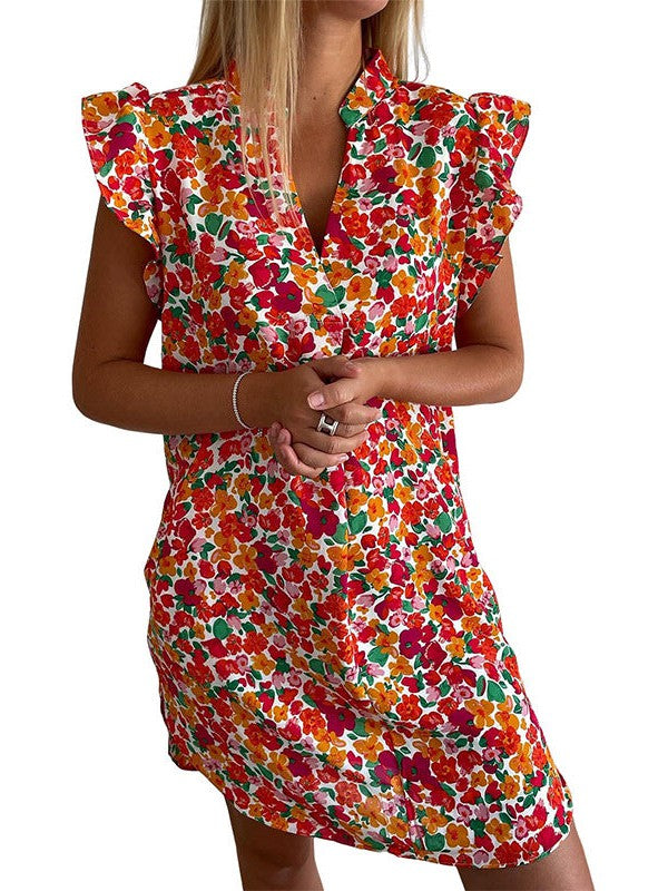 Women's V-Neck Ruffle Floral Print Dress in Red