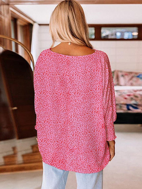 Fashion Women's Pink Leopard Print Chiffon Blouse - Loose Fit Puff Sleeve Top