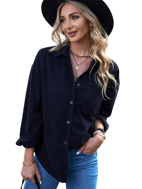 Women's Corduroy Cardigan Shirt with Button Down Lapel and Pocket