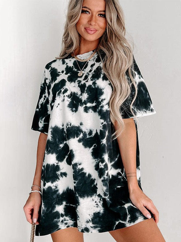 Oversized Women's Tie-Dye Round Neck T-Shirt with Mid-Length Loose Top