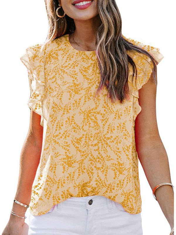 Feifei Floral Chiffon Printed Round Neck Shirt for Women