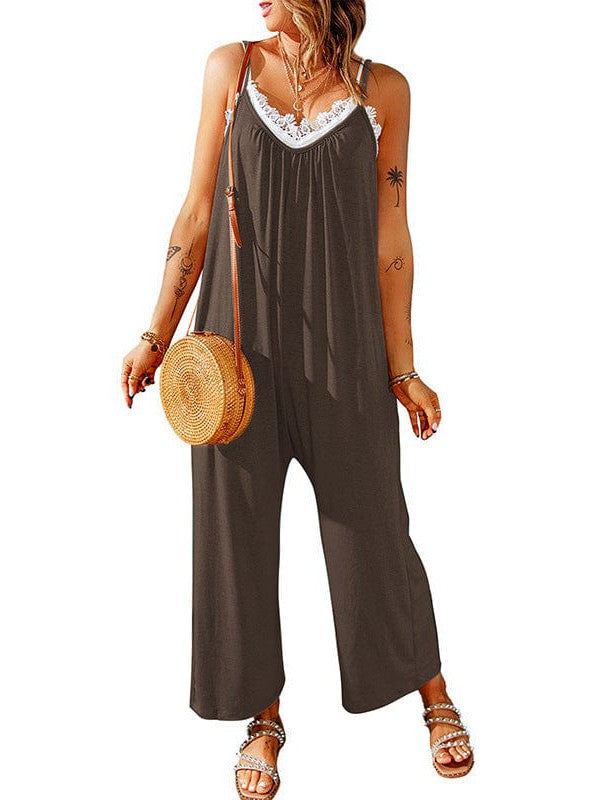 Solid Linen Sleeveless Jumpsuit with Pocket and Print Detail