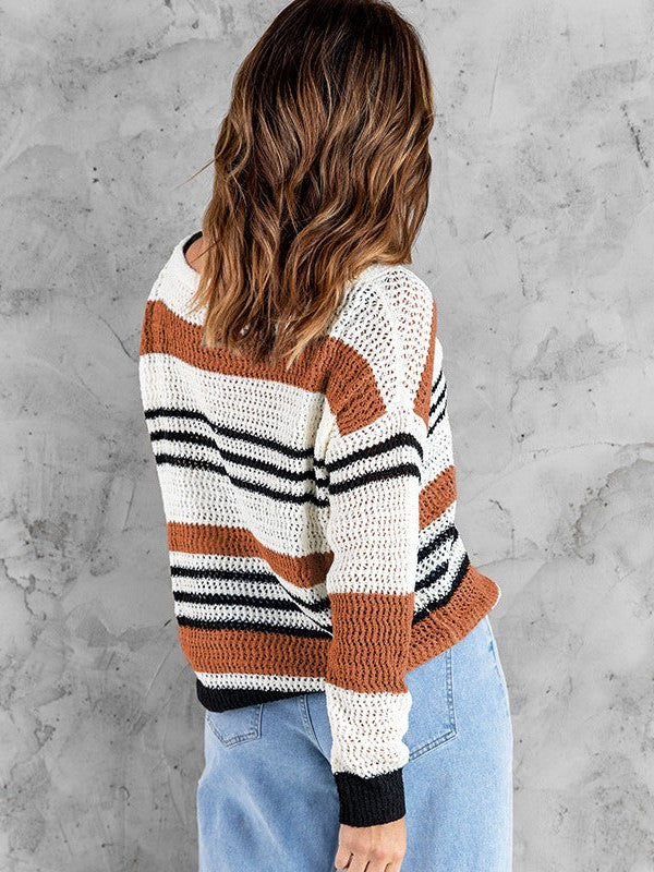 Striped Long-Sleeve Round Neck Knit Sweater for Women in a Simple Style