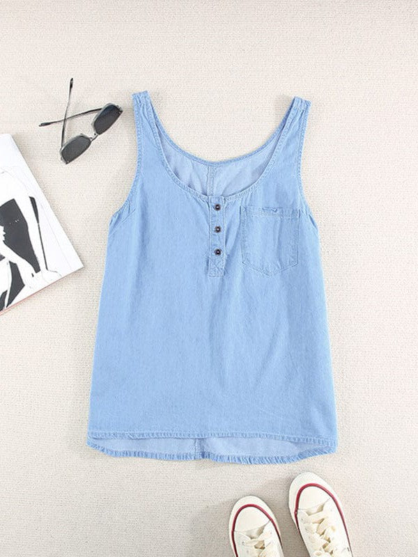 Loose Solid Color Denim Sleeveless Vest for Women with Button Closure